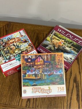 3 Puzzles Colorful Lakeside Scenes, Canoe, Dogs, 🐕 Fox 🦊 & Sleeping Tiger Cat 🐈